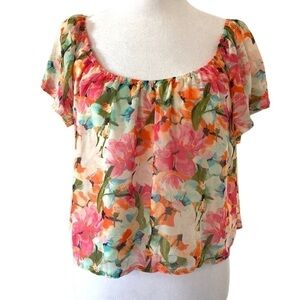 Peach Love top floral small shirt sleeves lightweight pink green blue
